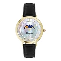 Ferragamo Logomania Moon Phase Collection Luxury Womens Watch Timepiece with a Black Strap Featuring a Gold Case and White Dial