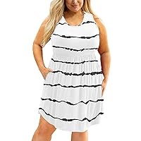 Women's Plus Size A Line Pleated Swing Dresses with Pockets Basic Summer Sleeveless 2024 Crewneck Tank Dress B-White