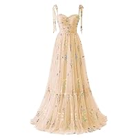 Long Tulle A-Line Prom Dresses for Women Flower Embroidery Sleeveless Formal Evening Gowns