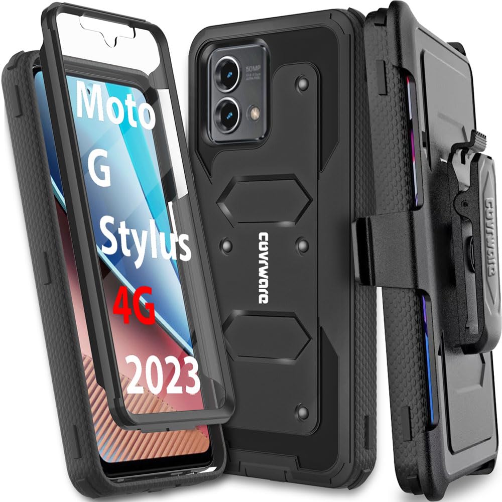 COVRWARE Aegis Series Case for Moto G Stylus 4G 2023, Full-Body Rugged Swivel Belt-Clip Holster Dual Layer Cover, Kickstand with Built-in Screen Protector, Black