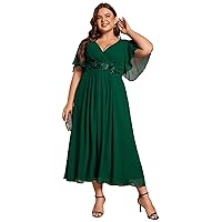Ever-Pretty Women's V Neck Pleated Plus Size Ruffles Sleeves Tea Length Wedding Guest Dresses 02093