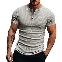 Ribbed Henley Shirts for Men Cotton Short Sleeve Slim Fit Casual Half Placket T Shirts Summer Workout Muscle Tees