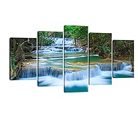 Peaceful Waterfall Canvas Prints Wall Art Green Trees Pictures Paintings for Living Room Bedroom Home Decorations Modern 5 Piece Stretched and Framed Forest Landscape Giclee Artwork