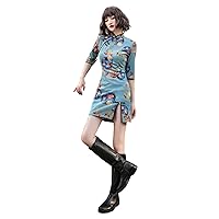Chinese Style Trendy Cheongsam Girl Improved Version Young Short S Short-Sleeved Blue Lotus Pond Moonlight