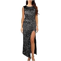 Women Sequin Evening Dress Sleeveless Side Split Cocktail Gowns Long Prom Dresses Sexy Bodycon Birthday Party Dress