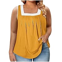 Plus Size Square Neck Pleated Tank Tops Womens Casual Loose Sleeveless Blouse Shirts Plain Color Block Summer Tops