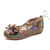 Women's Beading Round Toe Embroidered Shoes Lace Up Colorful Casual Flats Shoes