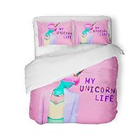 Duvet Cover Set Queen/Full Size Contemporary Art Collage Colorful Girl My Unicorn Life Minimal Fashion Style 3 Piece Microfiber Fabric Decor Bedding Sets for Bedroom