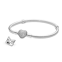 Pandora Jewelry Bundle with Gift Box - Sterling Silver Letter Alphabet Charm & Moments Sterling Silver Snake Chain Charm Bracelet with Heart Clasp with CZ, 7.1