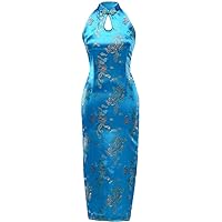 Women's Turquoise Dragon Halter Backless Long Chinese Dress