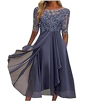 Women's Chiffon Lace Mesh Patchwork Empire Waist Dresses Summer Half Sleeve Pleated Fashion Flwoy A-Line Midi Dress