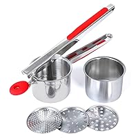Rorence Stainless Steel Potato Ricer: 15 Oz Potato Masher with 3 Interchangeable Discs & Inner Cup & Silicone Grip Handles - Red