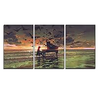 wall26 - 3 Piece Canvas Wall Art - Illustration - Digital Art of The Man Playing Piano Among Crowd of Birds on The Beach - Modern Home Art Stretched and Framed Ready to Hang - 24