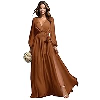 Long Sleeves Chiffon Bridesmaid Dresses for Women V-Neck Wedding Guest Gowns Long Formal Dress with Slit