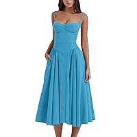Summer Women's Dresses 2024 Fashionable Solid Color Floral Retro Court Style Dopamine Suspender Pocket Dress