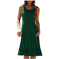 Lightning Deals Women's Summer Sundress with Pockets Casual Pleated Ruffle Hem Knee Length Tank Dress Sleeveless Beach Dresses Robe Sexy Green