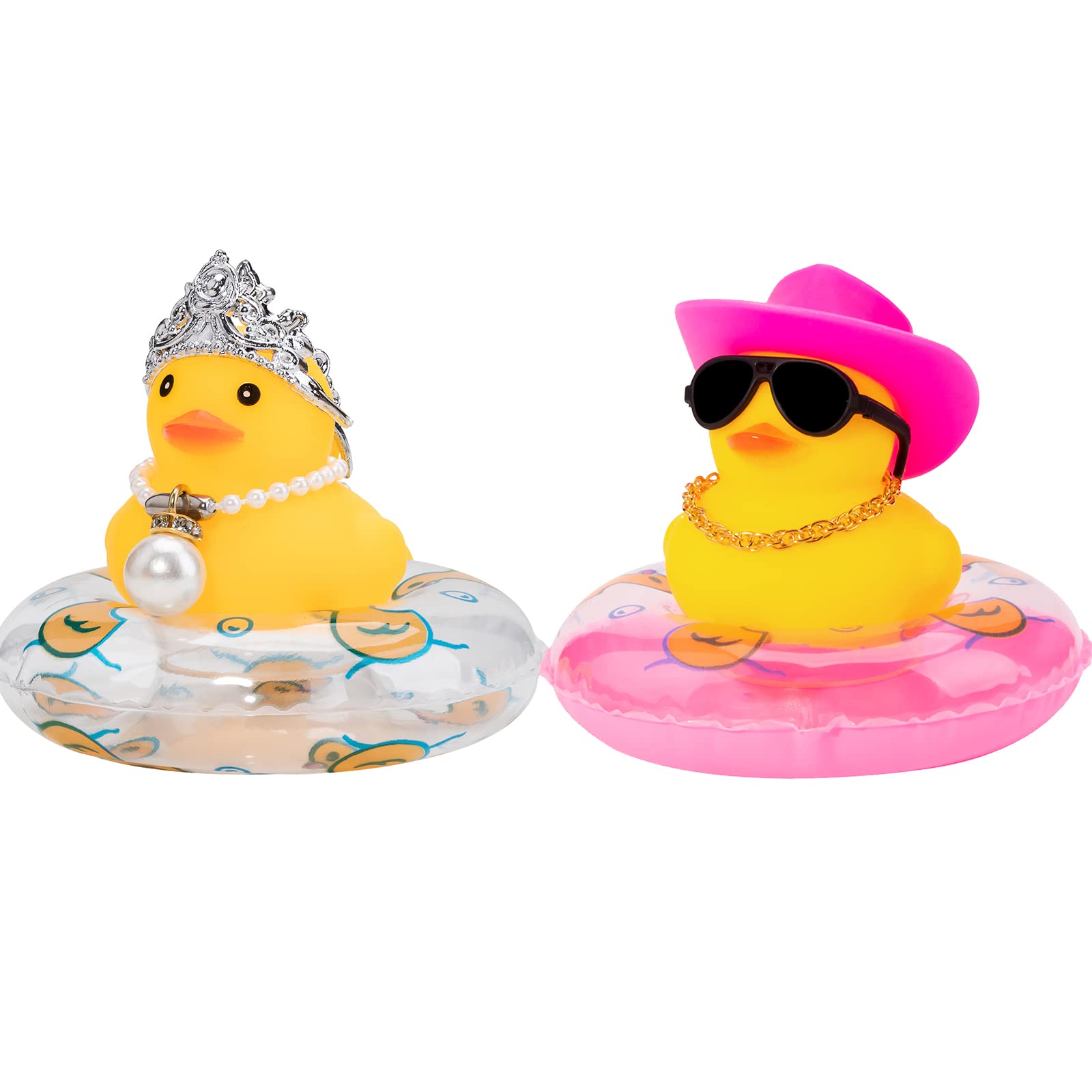 wonuu Swim Ring Rubber Ducks with Cowboy Hat/Crown Sunglasses Necklace for Cars Dashboard Decorations Car Accessories Duck Car Ornament, Pink+Queen