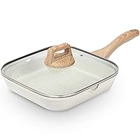 ESLITE LIFE Nonstick Grill Pan with Lid for Stove Tops, 11 Inch Ceramic Coating Square Grill Skillet Compatible with All Stovetops (Gas, Electric & Induction), PFOA Free, Cream