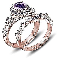 14K Rose Gold Plated 925 Sterling Silver Round Cut Purple Amethyst Engagement Wedding Tinkerbell Ring Set for Women's