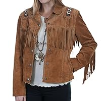 Women's Suede Leather Jacket Fringes Western American Native Beaded Cowgirl Coat (Free Express Shipping)