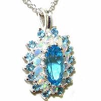 Ladies Solid White 9ct Gold Ring, 12x6mm Natural Blue Topaz & Opal 3 Tier Cluster Pendant Necklace