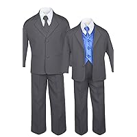 7pc Formal Boys Dark Gray Suits Extra Royal Blue Vest Necktie Set S-20 (12)