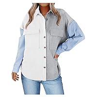 Kedera Womens Fall Shacket Jacket Corduroy Long Sleeve Color Block Patchwork Button Down Shirt Collared Tops