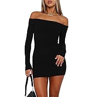 Women's Sexy Elegant Off The Shoulder Long Sleeve Dress Ribbed Party Mini Dresses