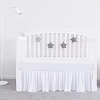 Crib Bed Skirt White for Baby Girls Boys Pleated with Tassel Pompoms Dust Ruffled 14