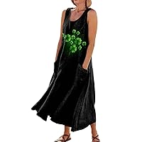 St.Patrick Holiday Summer Dress for Women,Plus Size Cute Tank Dress U Neck Flowy Pleated Sundress with Pockets