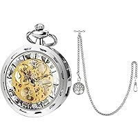 SIBOSUN Steampunk Transparent Open Face Pocket Watch for Men Women Skeleton Dial Antique with Chain + Box with Antique Compass Pendant Design Charm Fob T-Bar Chain Silver