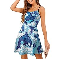 Killer Whale Family Spaghetti Strap Mini Dress Sleeveless Adjustable Beach Dresses Backless Sundress for Women