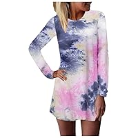 LATINDAY Loose Casual Short/Long Sleeve Tie Dye Ombre Swing T-Shirt Tunic Dress Navy