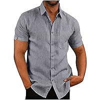Mens Casual Spread Collar Shirts Button Down Linen Beach Shirt Summer Short Sleeve Holiday T-Shirt Tops Plain Tee