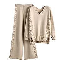 DUOWEI Womens Formal Dress Women Autumn and Winter Fashion Temperament Loose Casual Wide Leg V Neck Top and Pants Cadet