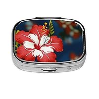 Hawaii Flower Pill Box 2 Compartment Small Pill Case for Purse & Pocket Metal Medicine Case with Mirror Portable Travel Pillbox Medicine Organizer