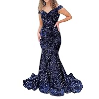 Sequins Prom Dress Long Off-The-Shoulder Mermaid Formal Evening Gown with Lace-up