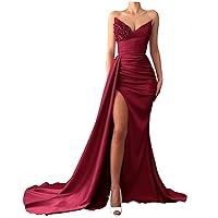 Women's Wine Red Sequin Prom Dresses 2022 Strapless Mermaid Beaded Satin Long Slit Evening Gowns Bridesmaid Dresses