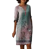 Shift Nice Summers Dresses for Ladies College Short Sleeve Button Down V Neck Tunic Dress Womens Printed Turquoise XXL