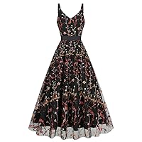 Women Vintage 1950s Embroidered Sleeveless Flower Rose Wedding Cocktail Party Swing Gatsby Evening Long Gown Dress