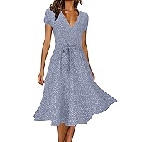 Summer Dresses for Women 2024 Short Flowy, Women Casual Dress Summer Dress V Neck Solid Color Polka Dot Print