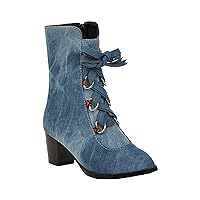 Fleece Lined Boots for Women Retro Novelty Round Toe Waterproof Warm Faux Plush Mid Heel Mid Calf Boots,JH50