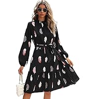 Womens Fall Fashion 2022 Feather Print Ruffle Hem Belted Dress (Color : Black, Size : Small)