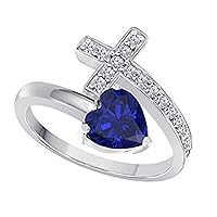 14K White Gold Plated Heart Cut Created Blue Sapphire & Cubic Zirconia Christian Sideways Cross Ring Wedding & Engagement Ring Jewelry Free Size