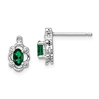 925 Sterling Silver Rhodium-plated Created Emerald and Diamond Earrings