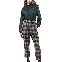 O A T NEW YORK womens Contemporary Green Flannel Self Belted Paperbag Trouser Pant, Comfortable & StylishPants