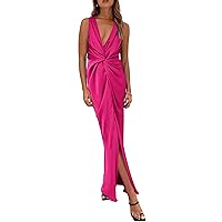 PRETTYGARDEN Women's Satin Ruched Bodycon Dress Summer 2024 Twist Front V Neck Sleeveless Split Maxi Dresses