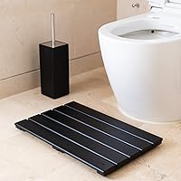 GOBAM Bamboo Bath Mat and Toilet Brush with Holder - Anti-Slip & Water Resistant Design, Shower Mat for Indoor, Outdoor, Spa, Bath Tub & Bathroom Cleaning Supplies - Black