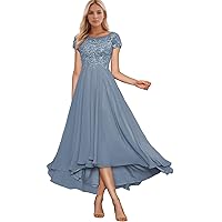 Tea Length Mother of The Bride Dresses for Wedding Lace Appliques High Low Formal Evening Dress with Sleeves