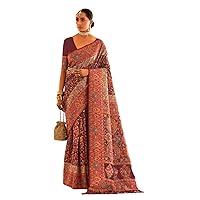 Indian Woman Woven KASHMIRI PASHMINA Silk Designer Saree Weaving Bridal Sari Blouse 8705
